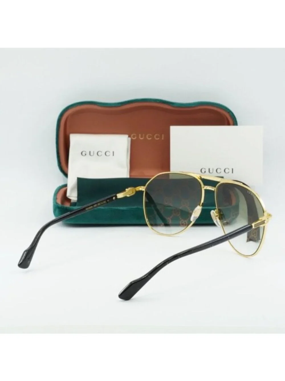 Gucci GG1220S 004 Aviator Sunglasses – Gold/Green with Pattern